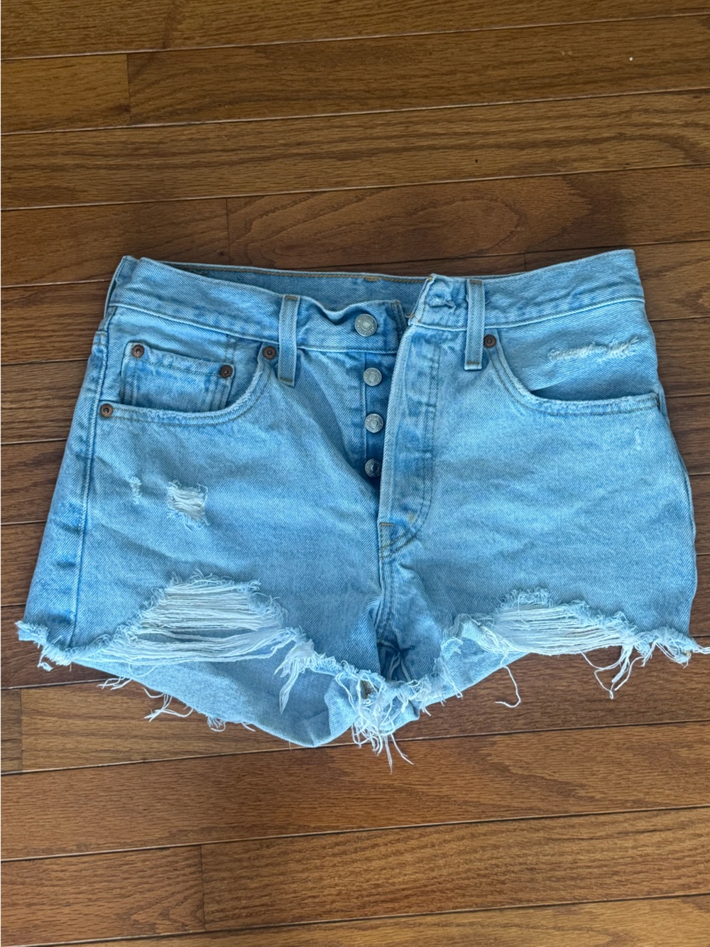 Levi's 501 Light Blue Frayed Denim Shorts